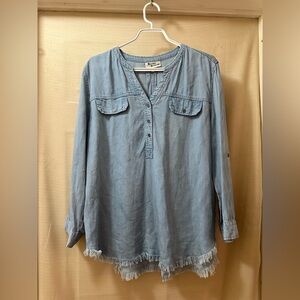 Hester & Orchard Chambray Tencel Fringe Hem Blouse Size M Denim Classic Boho